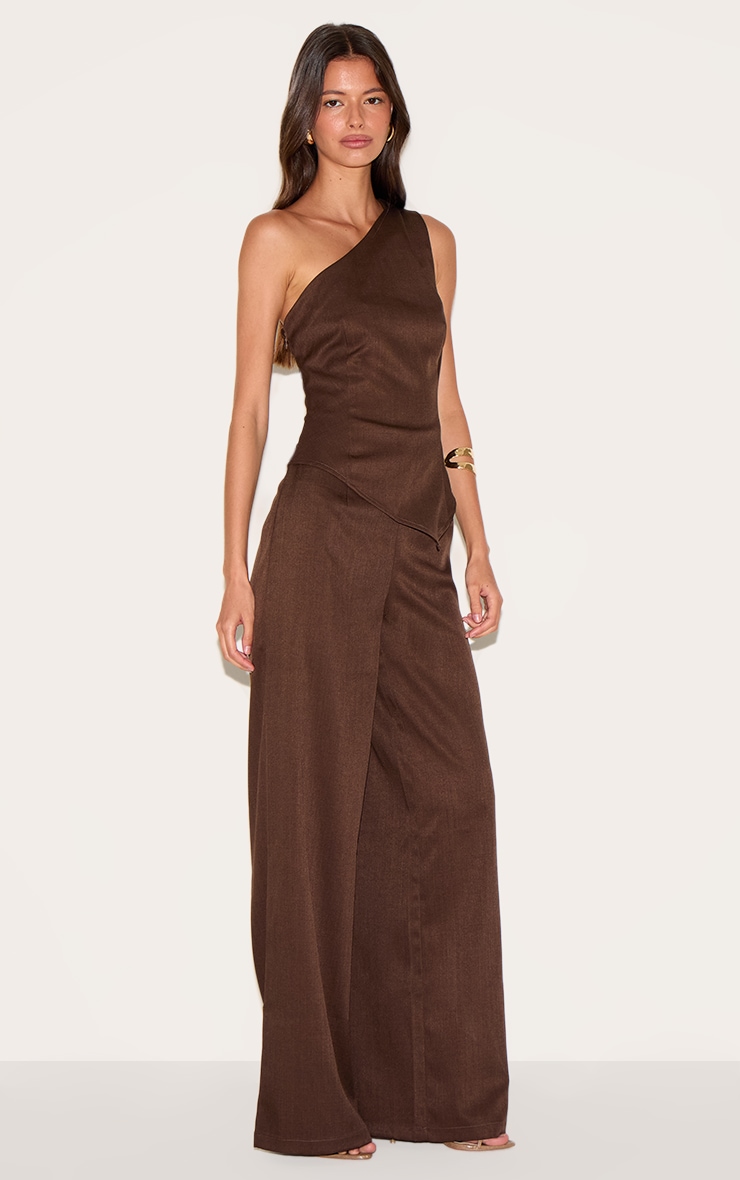 Chocolate Woven One Shoulder Wide Leg Jumpsuit image 3