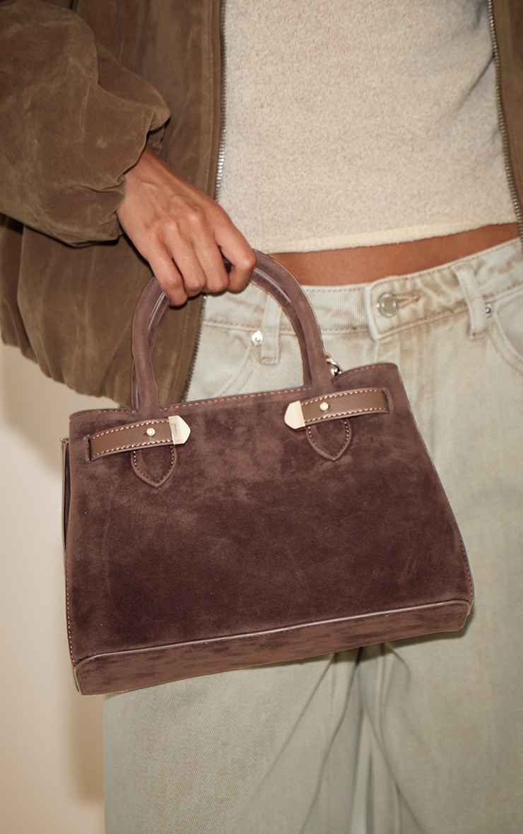 Chocolate Faux Suede Gold Hardware Hand Bag image 1