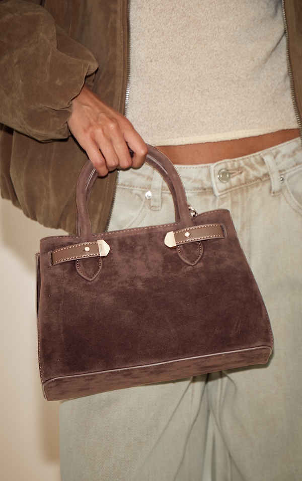 Chocolate Faux Suede Gold Hardware Hand Bag