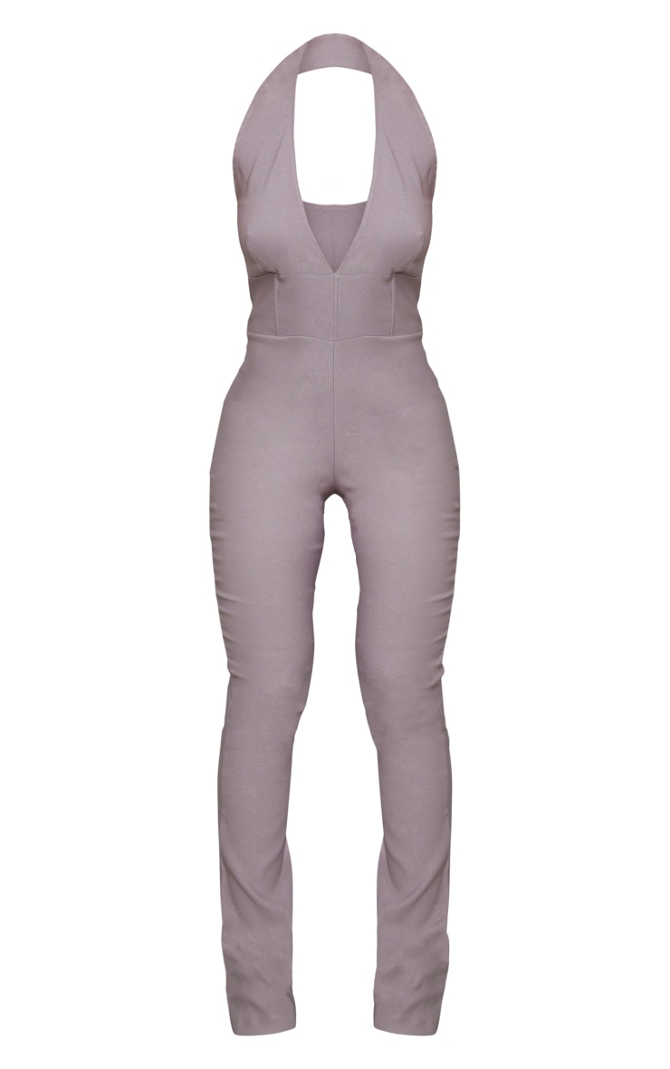 Grey Stretch Woven Halter Boning Detail Jumpsuit image 5