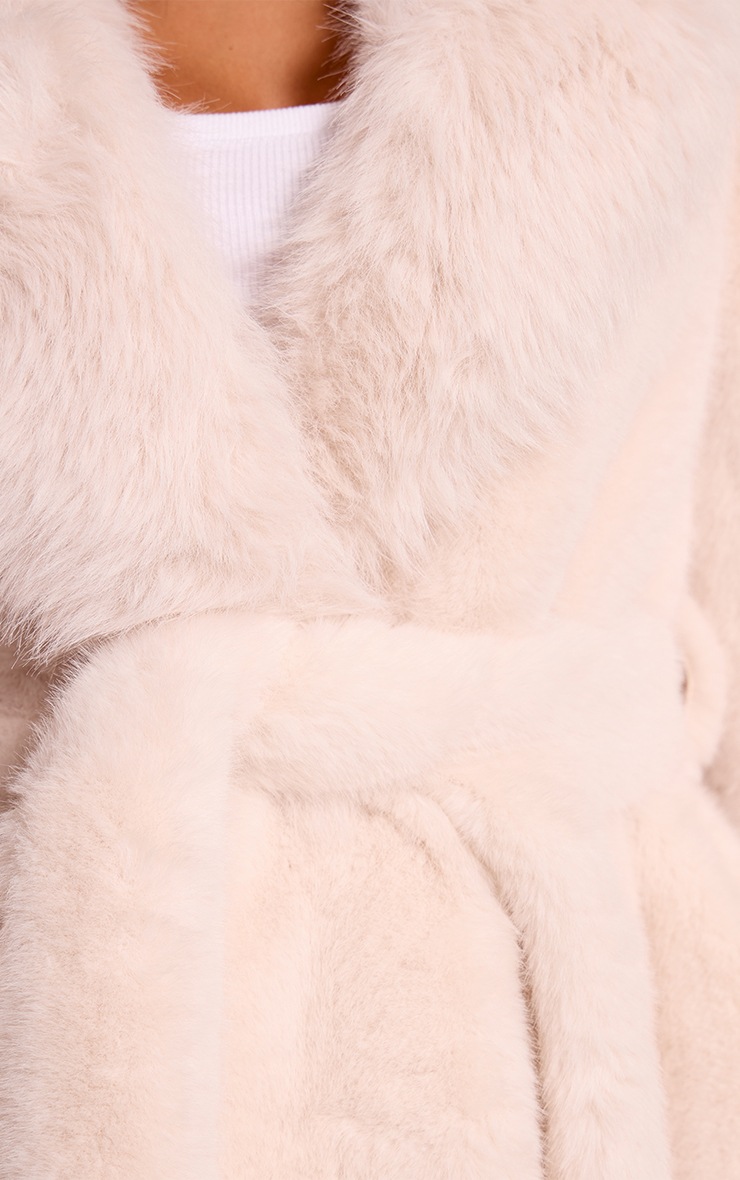 Petite Cream Plush Faux Fur Self Tie Coat image 4