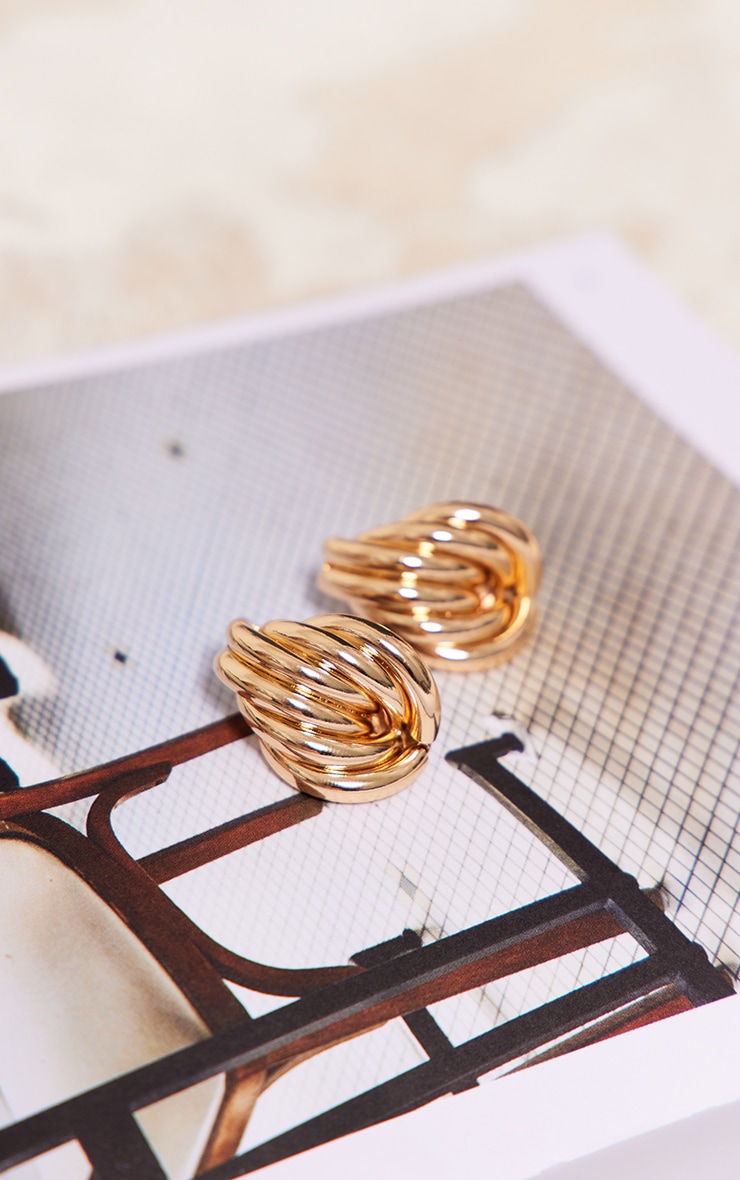 Gold Chunky Ribbed Abstract Hoop Stud Earrings image 2