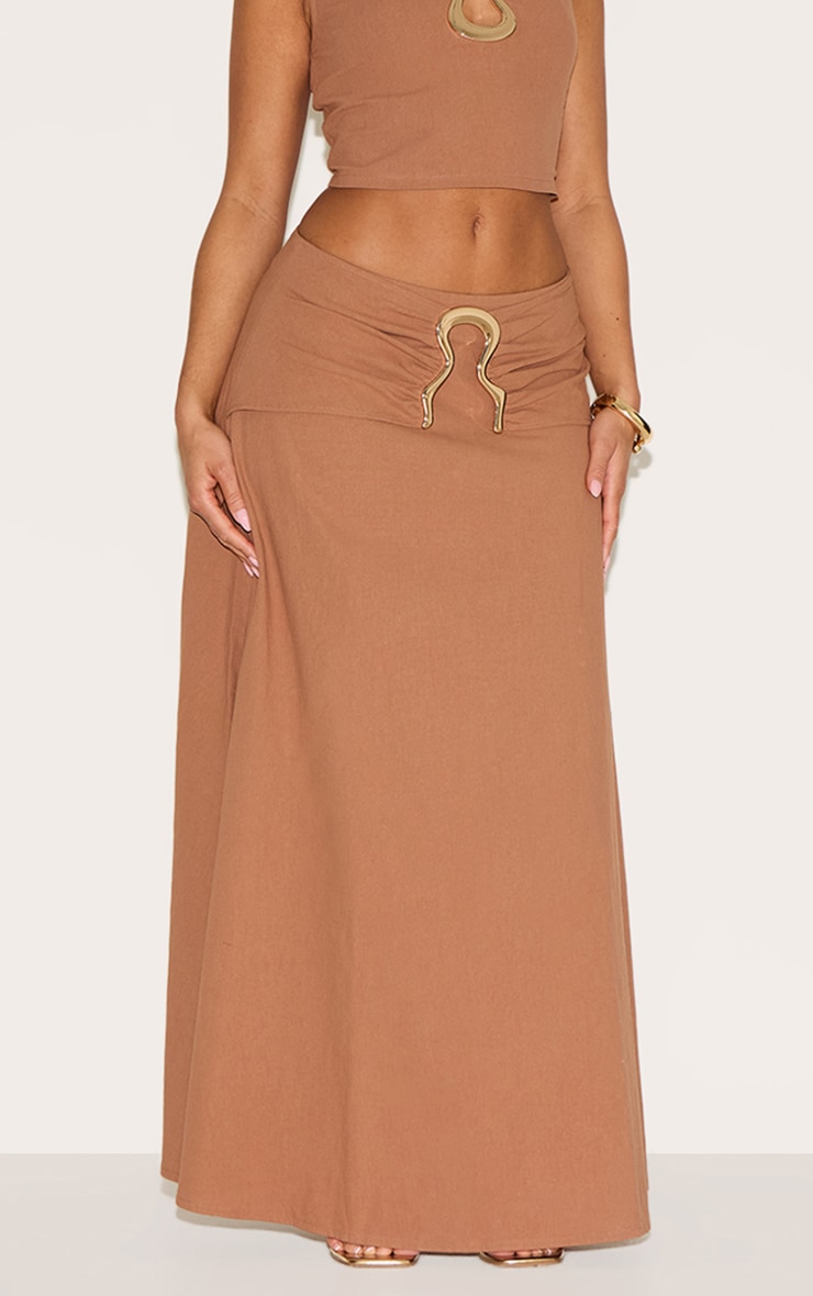 Shape Mocha Linen Look Fold Gold Wave Trim Maxi Skirt image 2