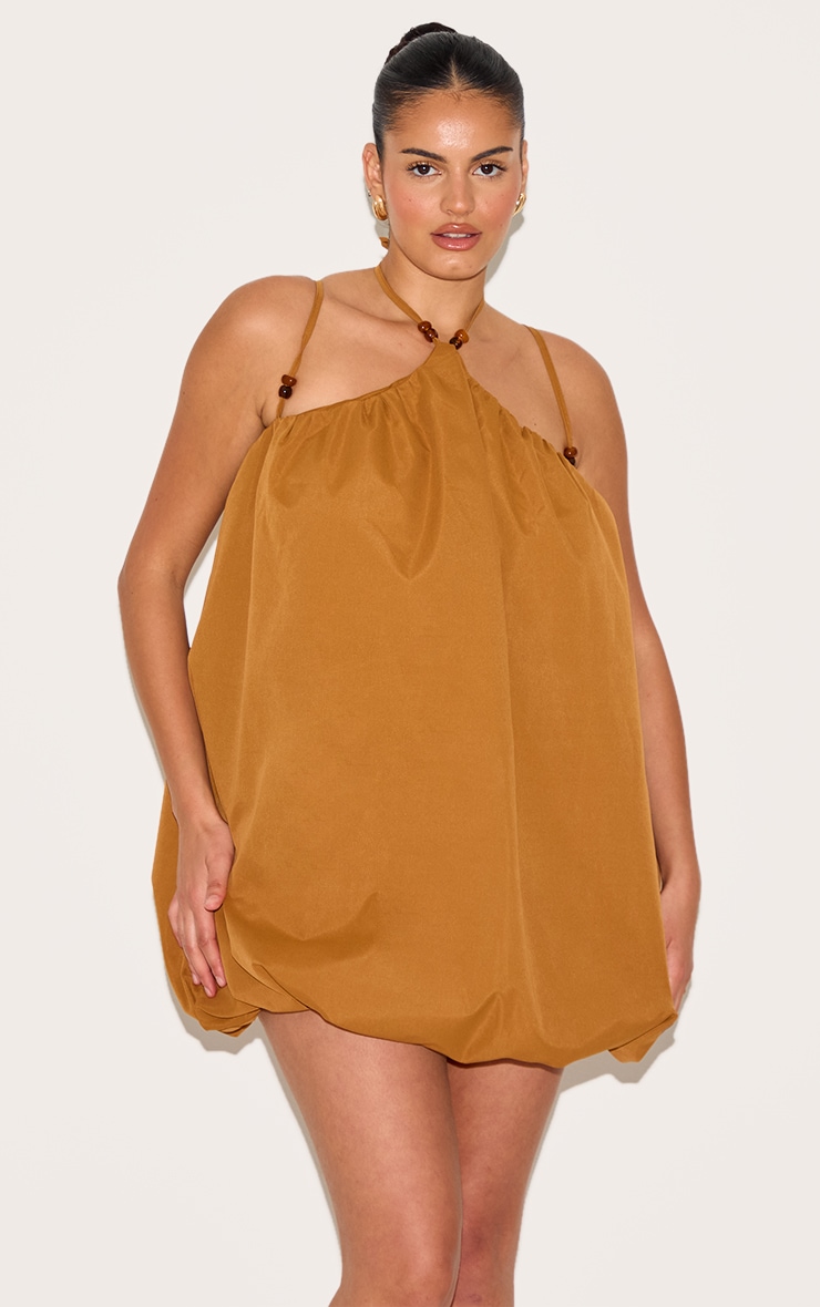 Plus Dark Ochre Halterneck Bead Detail Puffball Dress image 1