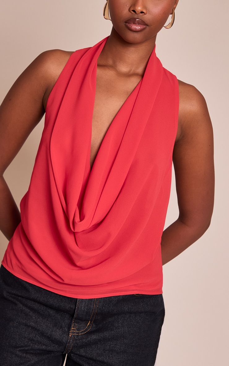 Tomato Red Chiffon Extreme Cowl Neck Detail Long Top image 4