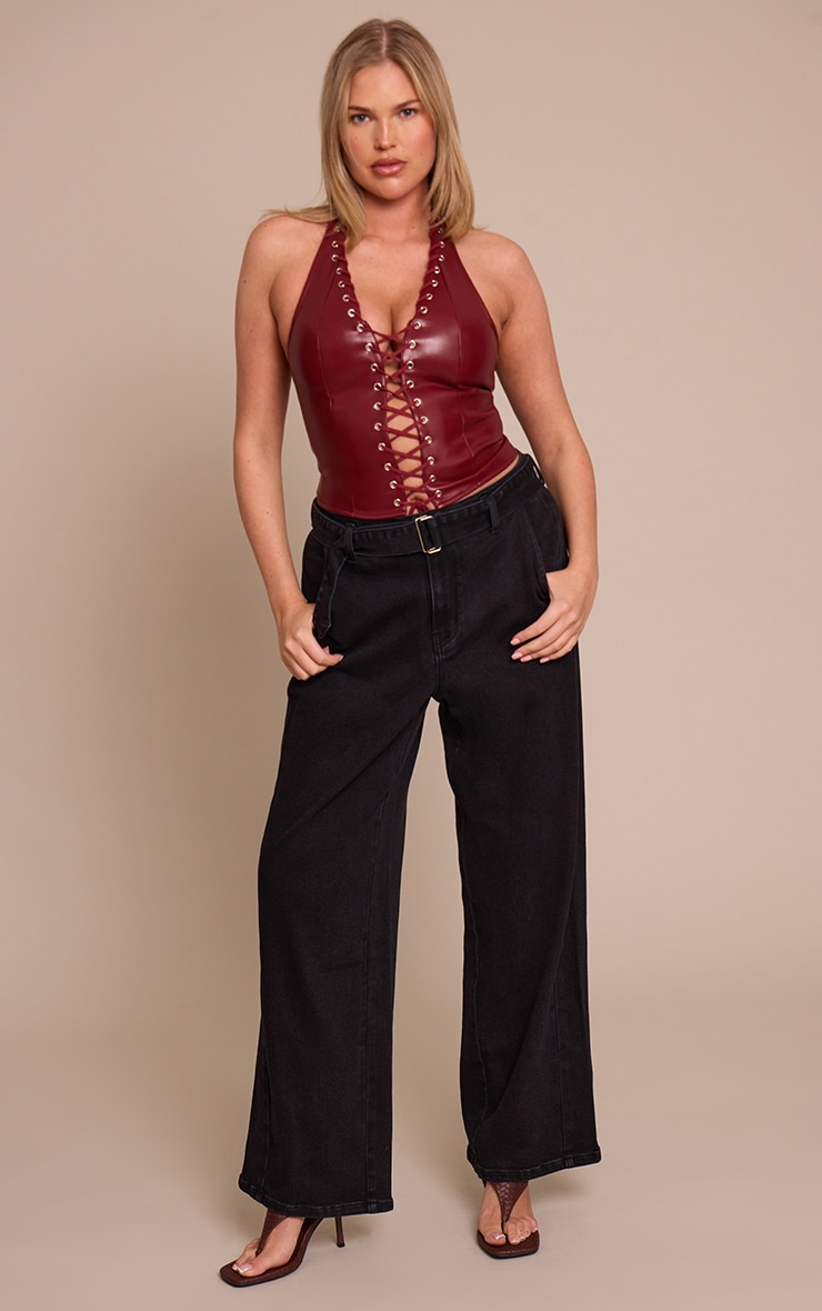 Shape Plum Faux Leather Halter Neck Lace Up Corset image 3
