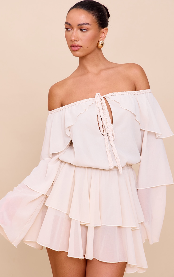 Cream Chiffon Ruffle Detail Long Sleeve Romper image 1