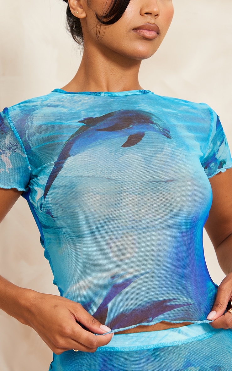 Blue Printed Mesh Cap Sleeve T-Shirt image 4