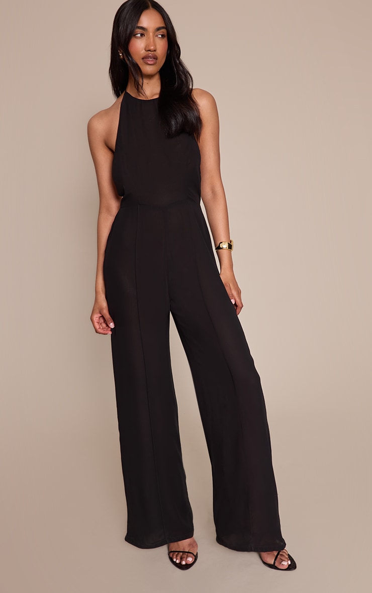Black Chiffon Halterneck Straight Leg Jumpsuit