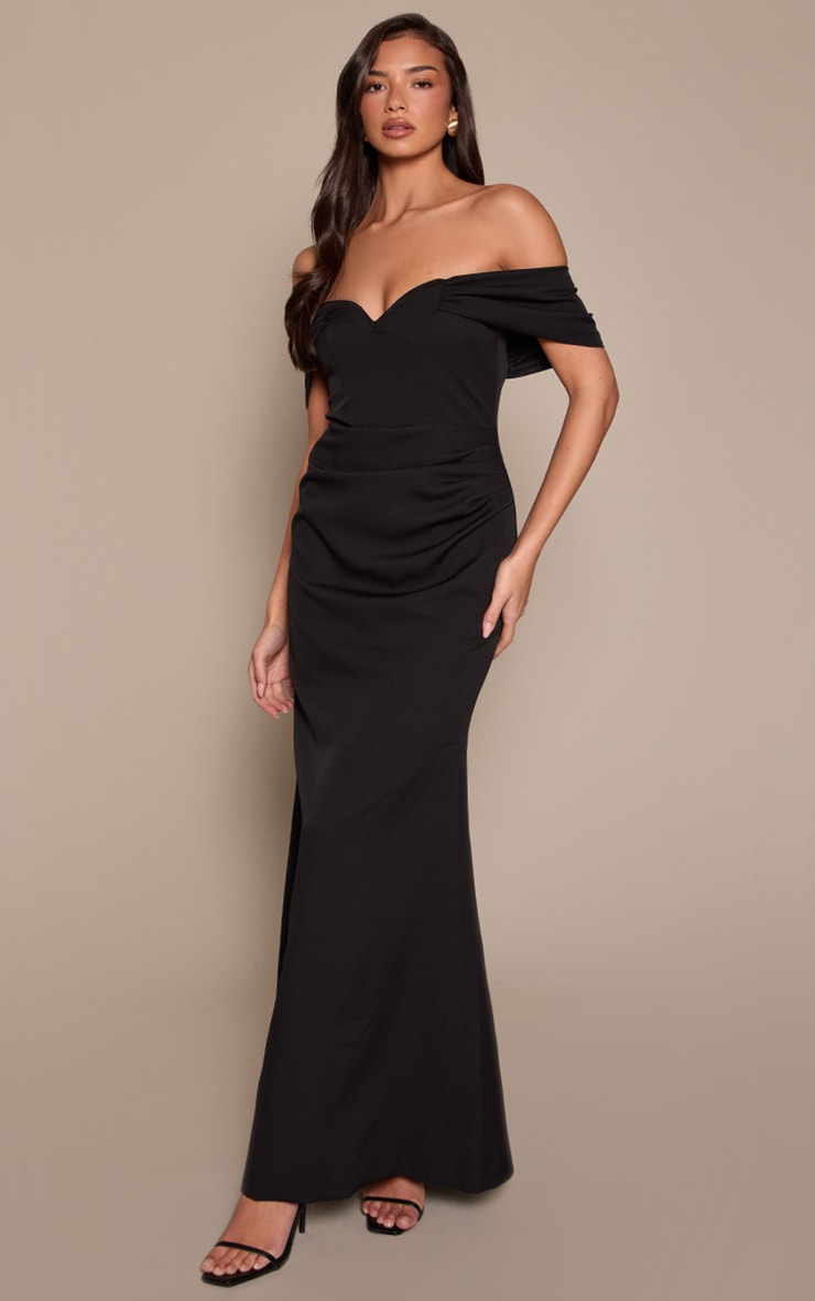 Black Woven V Neck Detail Bardot Maxi Dress