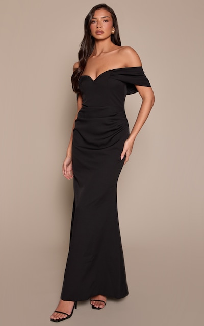 Black Woven V Neck Detail Bardot Maxi Dress