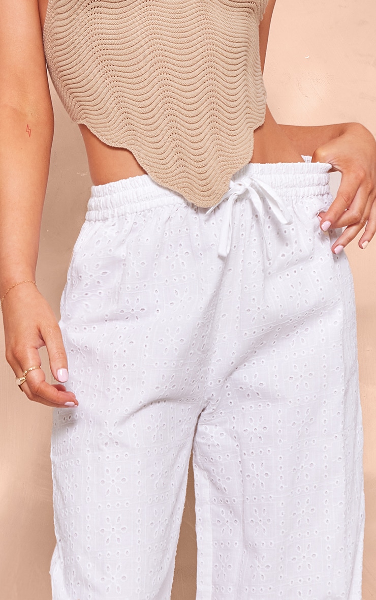 White Broderie Drawstring Waist Pants image 4