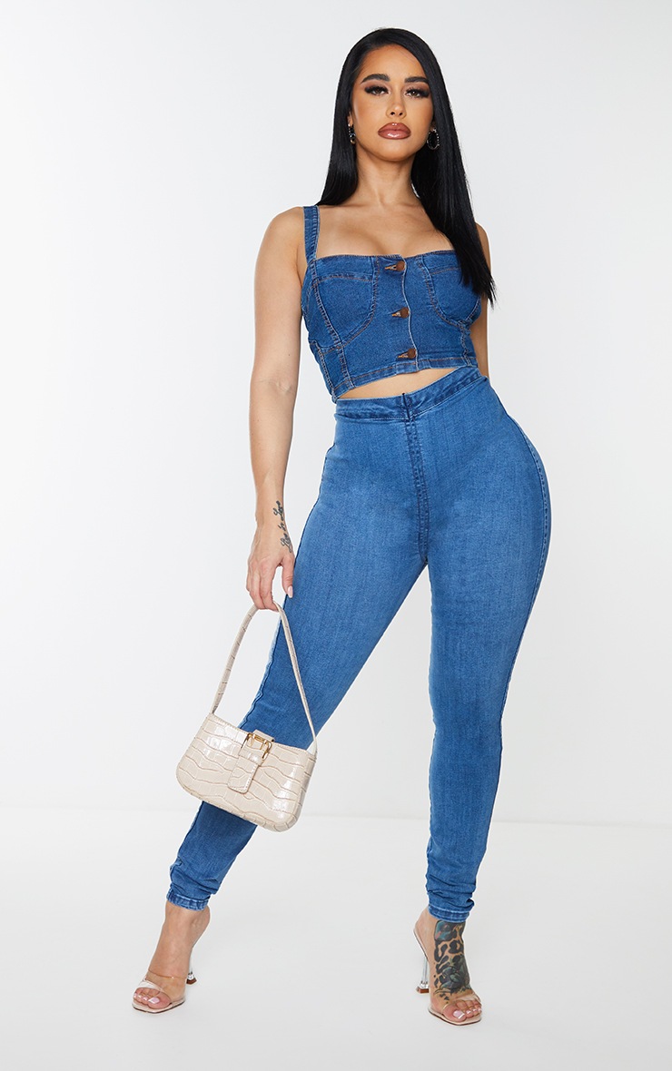 Shape Mid Blue Wash Zip Detail V Front Skinny Jeans