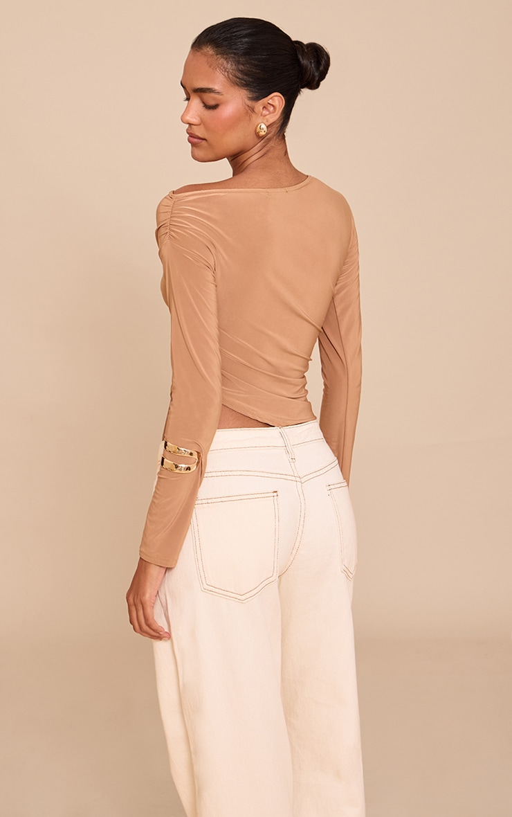 Tan Soft Touch Asymmetric Ruched Long Sleeve Top image 2