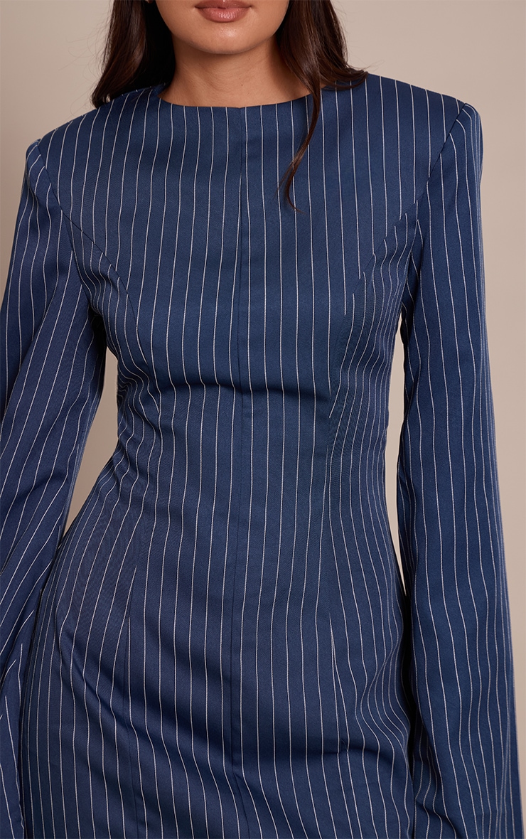 Navy Pinstripe Boat Neck Structured Long Sleeve Mini Dress image 4