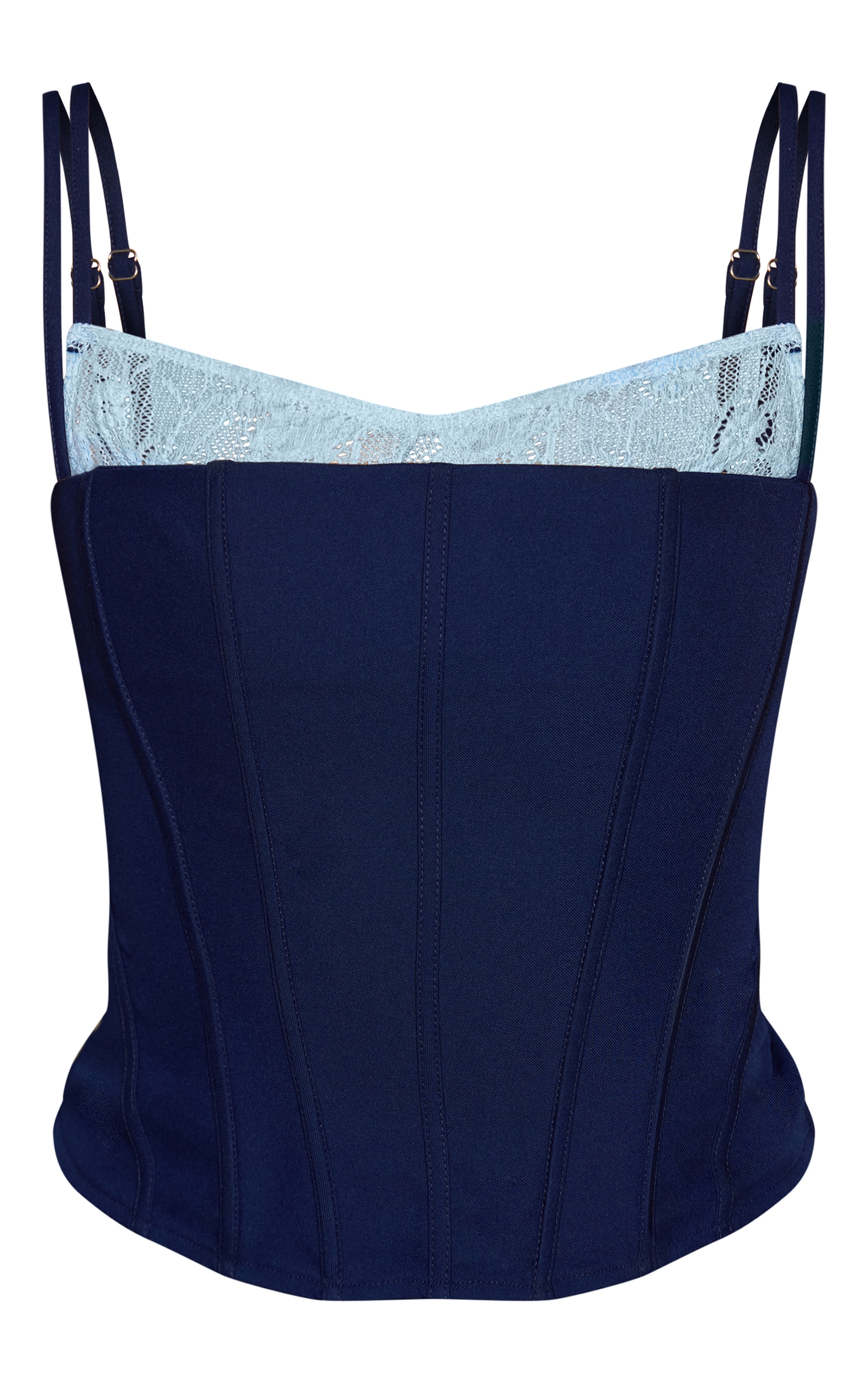 Corset tissé bleu marine à bretelles fines et partie contrastante en dentelle image 5