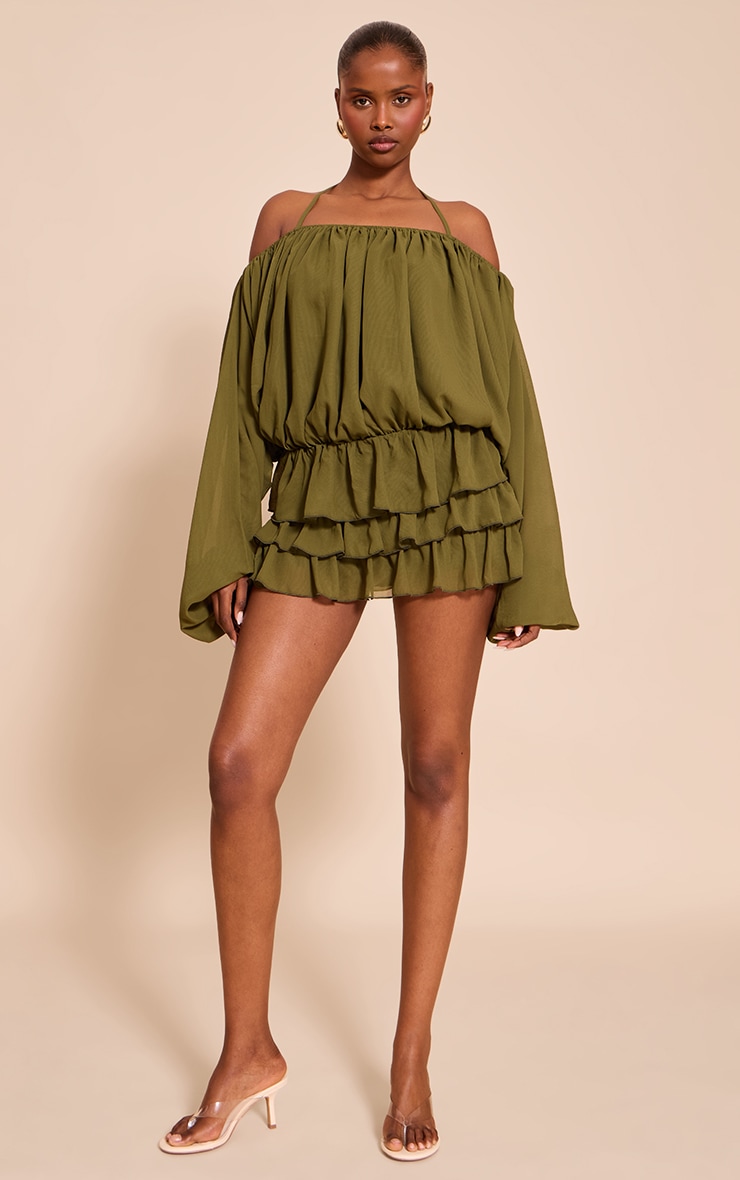 Khaki Chiffon Frill Detail Playsuit image 3
