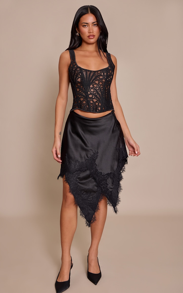 Black Satin Lace Asymmetric Hanky Hem Skirt image 2