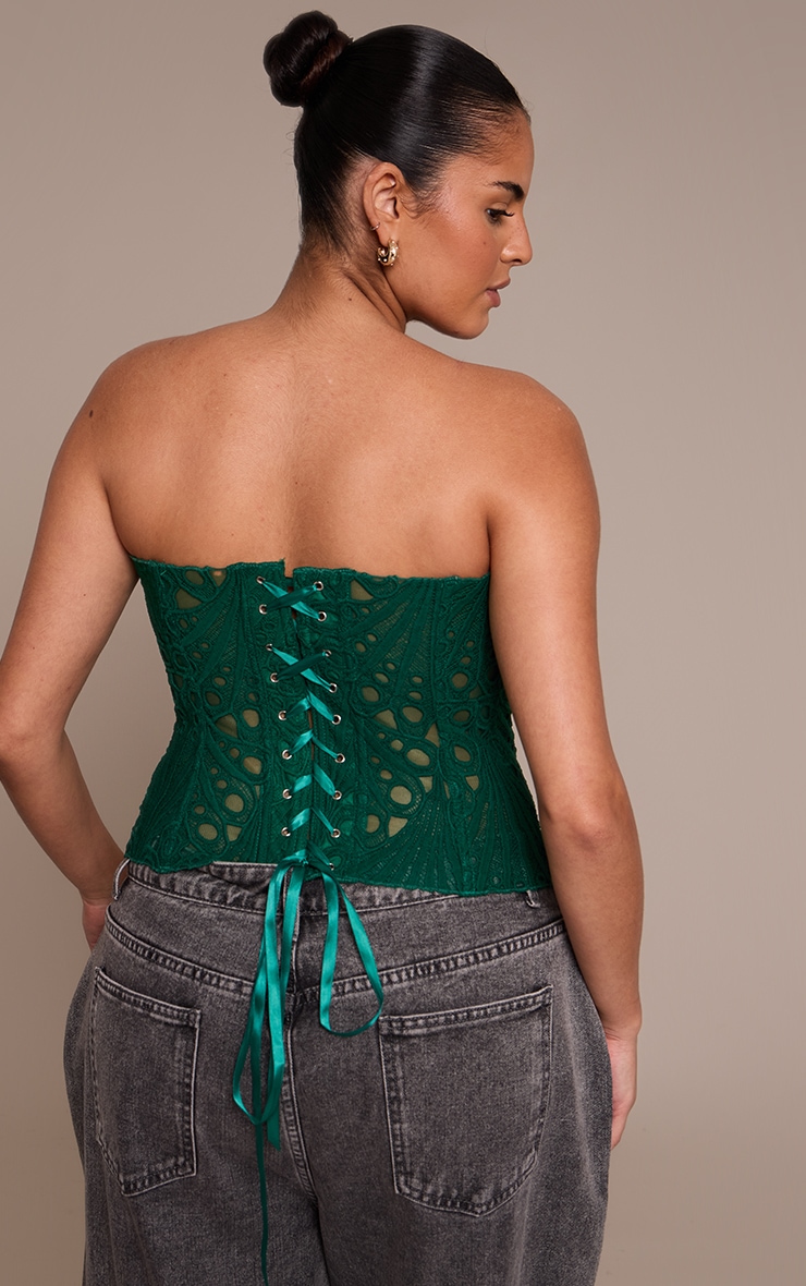 Plus Emerald Green Textured bandeau Sheer Floral Lace Corset image 2