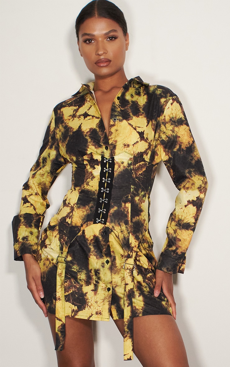 Yellow Tie Dye Hook & Eye Suspender Corset Detail Shirt Dress