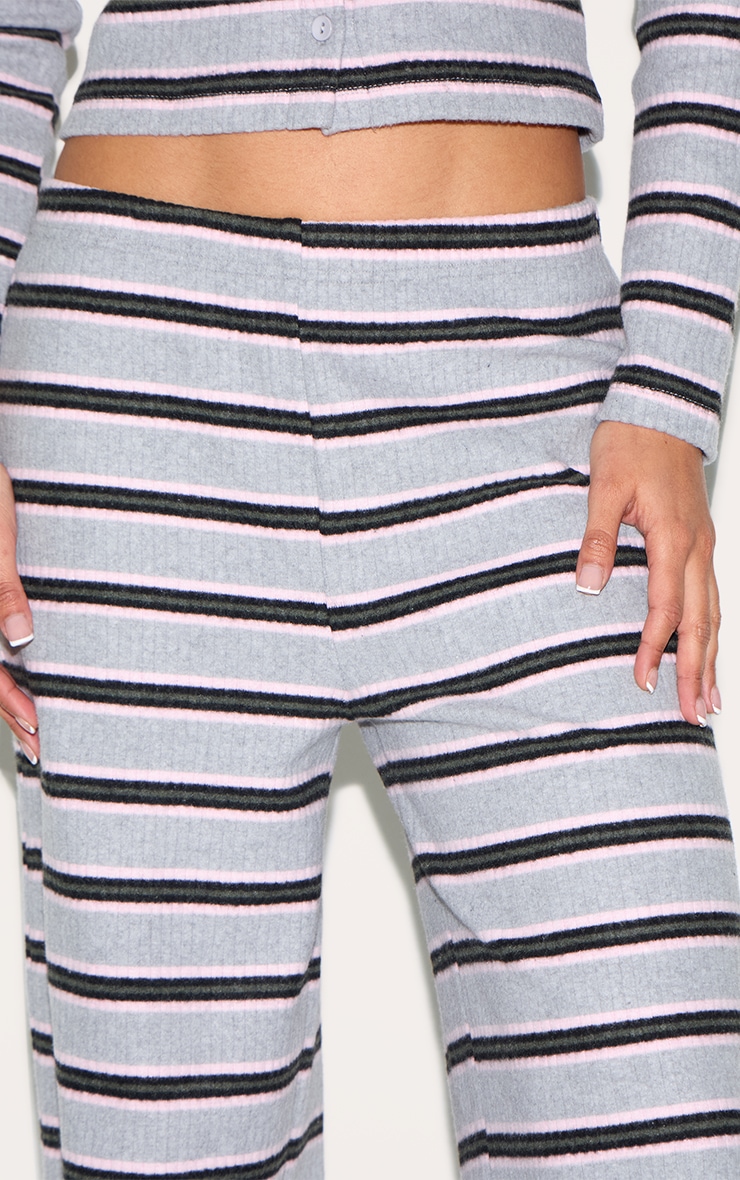 Grey Brushed Rib Striped Mid Rise Wide Leg Pants image 4