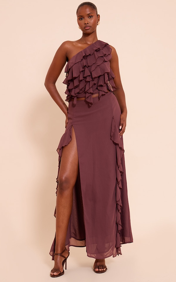Plum Chiffon Frill Split Maxi Skirt