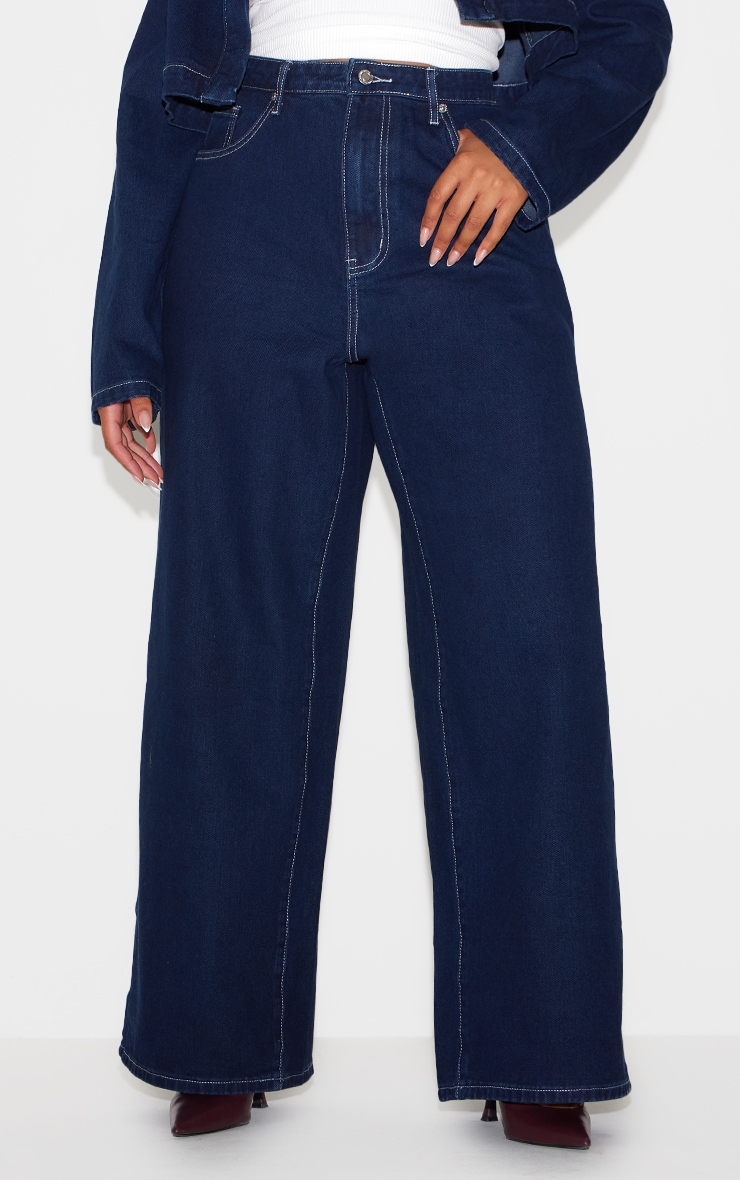 Plus Indigo Contrast Stitch Wide Leg Jeans image 2
