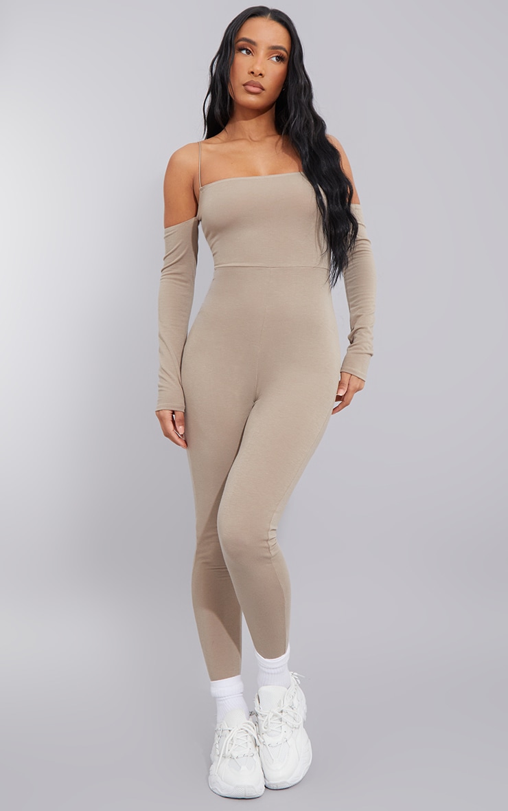 Taupe Jersey Spaghetti Strap Cold Shoulder Jumpsuit image 3