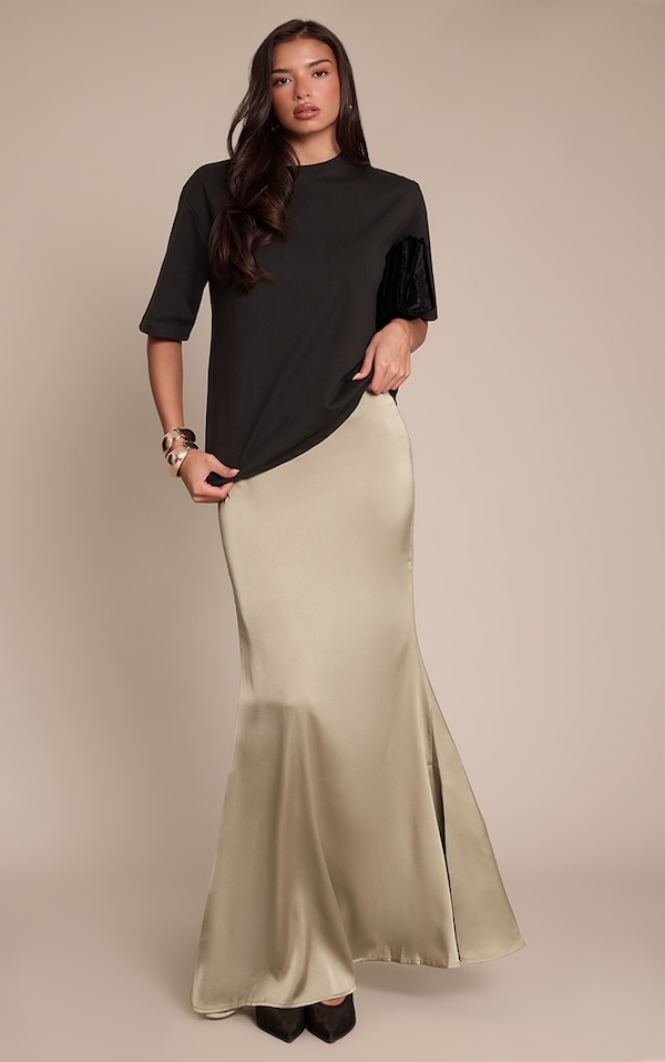 Sage Khaki Satin Floaty Maxi Skirt