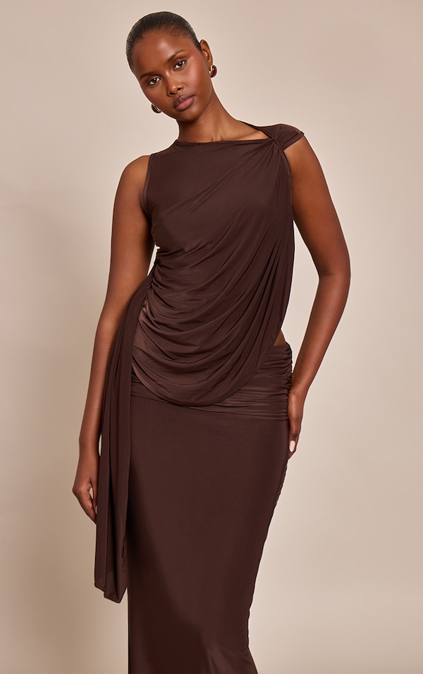 Chocolate Slinky One Shoulder Drape Detail Top 