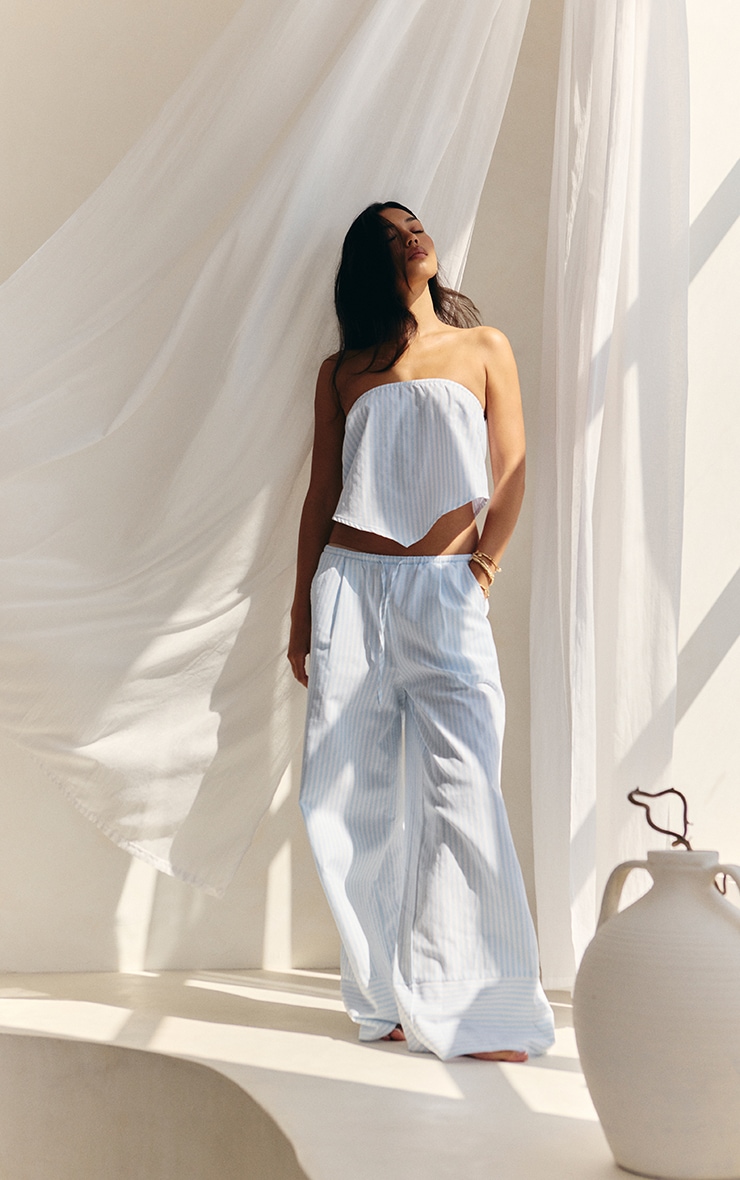 Blue Pinstriped Mid Rise Wide Leg Pants image 1
