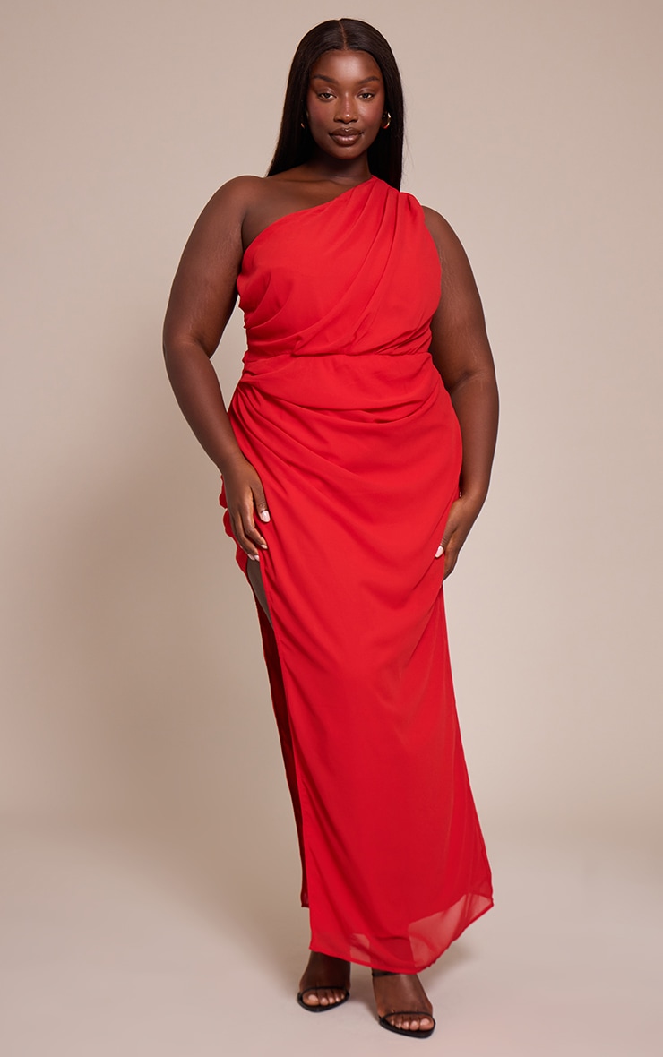 Plus Chiffon Red One Shoulder Maxi Dress image 1