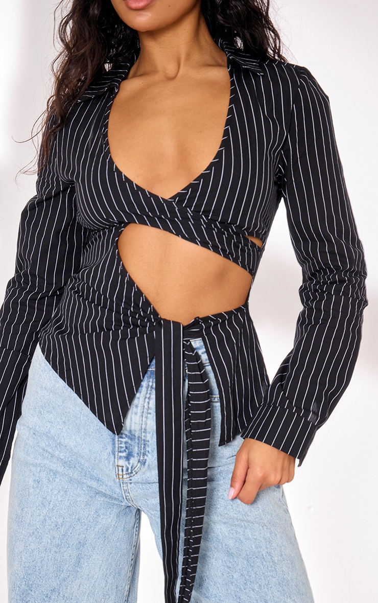 Black Pinstripe Tie Front Cut Out Shirt image 4