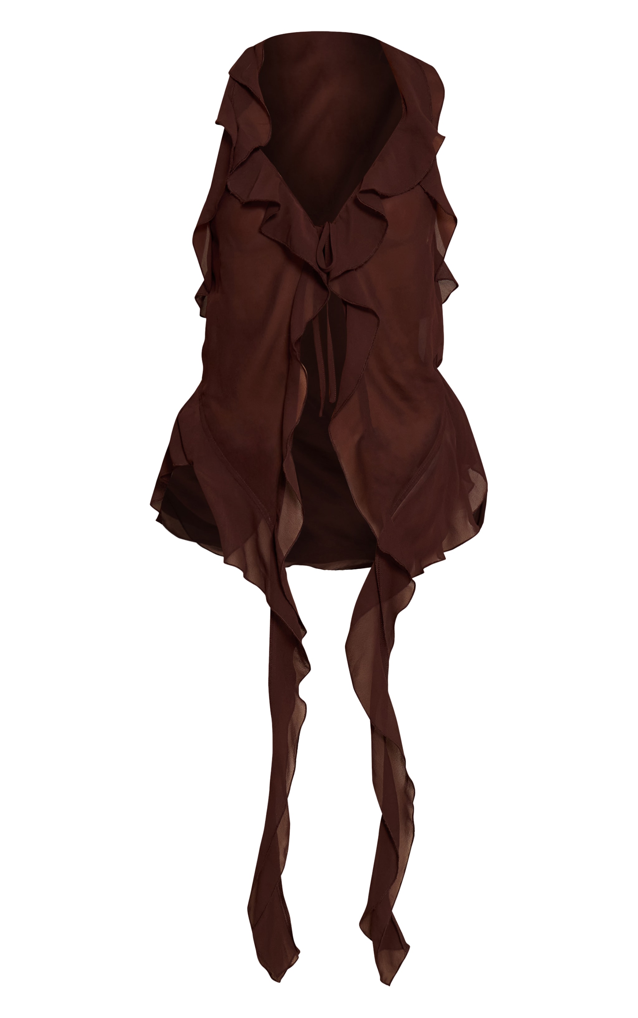 Dark Chocolate Chiffon Ruffle Drape Detail Longline Top image 5