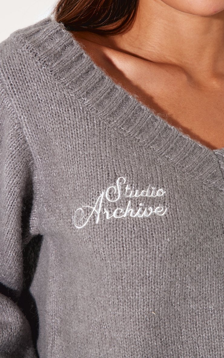 Grey Soft Knit Embroidered Slouchy Cropped Jumper image 4