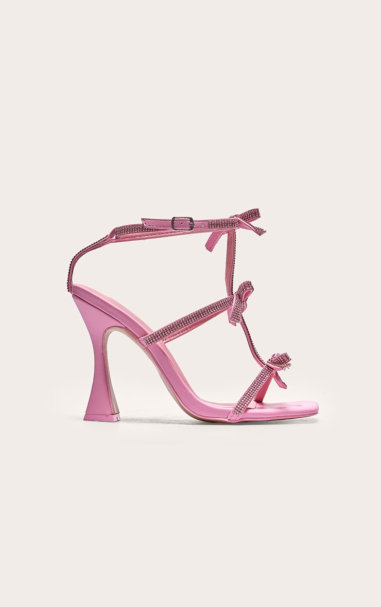 Pink PU Square Toe Diamante Bow Heeled Sandals image 1