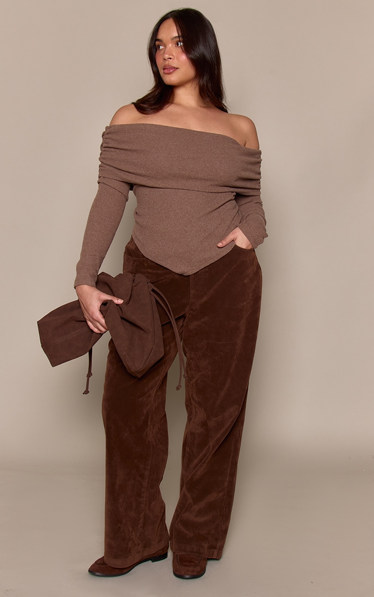 Plus Chocolate Soft Touch Rib Off The Shoulder Long Sleeve Top image 3