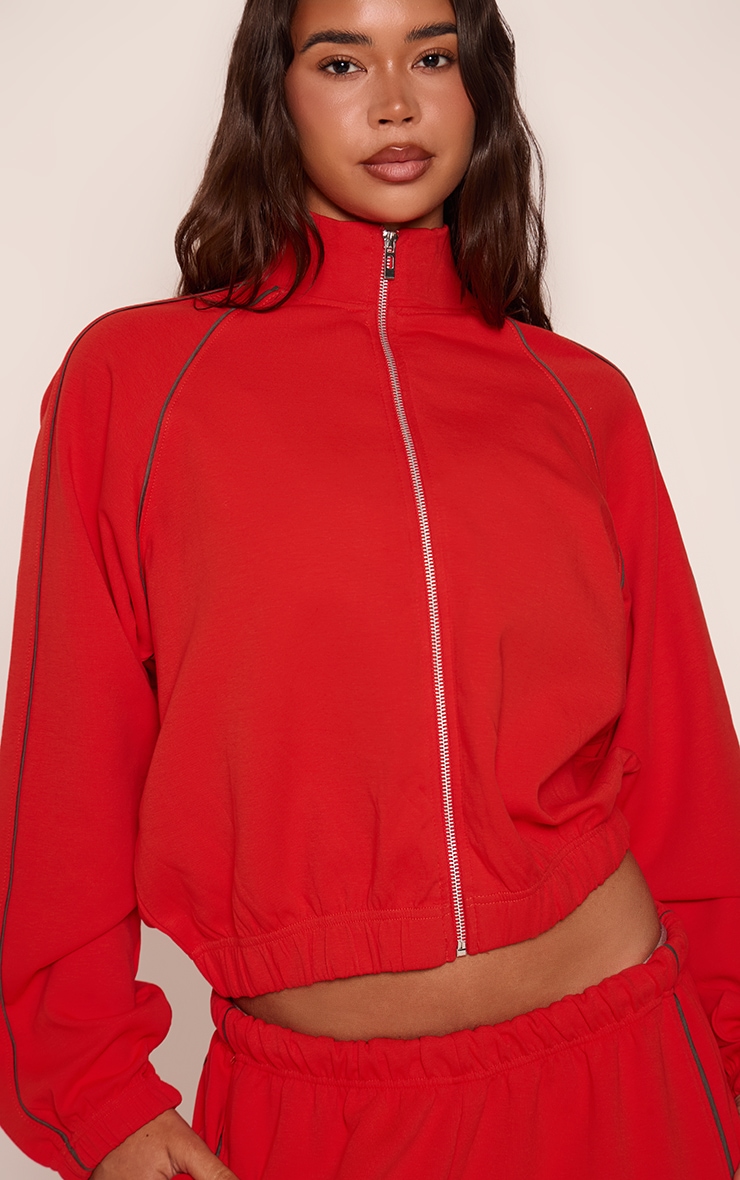 Red Interlock Contrast Piping Bomber Sweatshirt