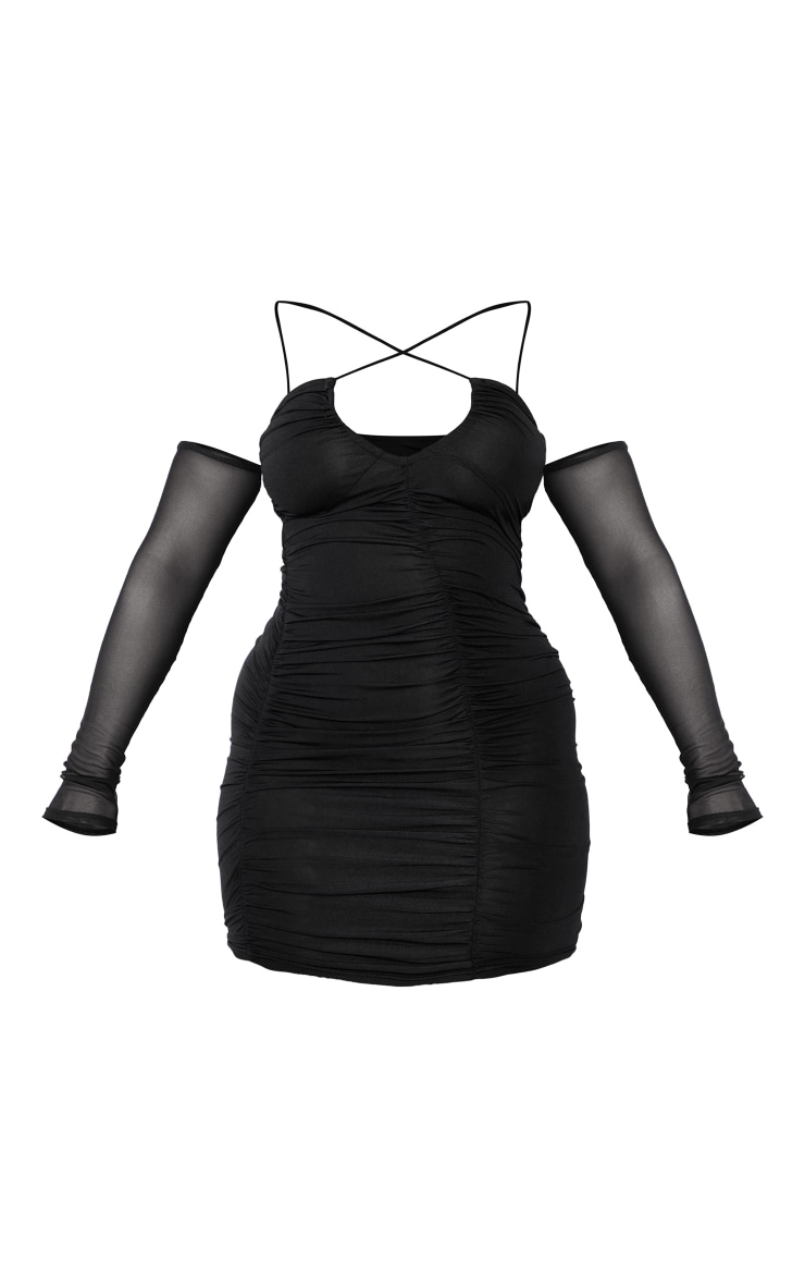 Shape Black Mesh Ruched Bardot Strap Detail Bodycon Dress image 4