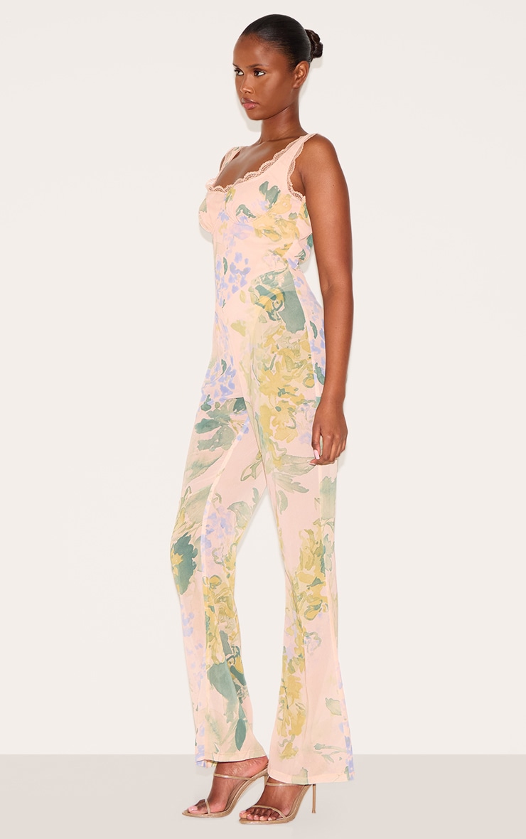 Pink Floral Printed Chiffon Corset Detail Flared Jumpsuit image 3