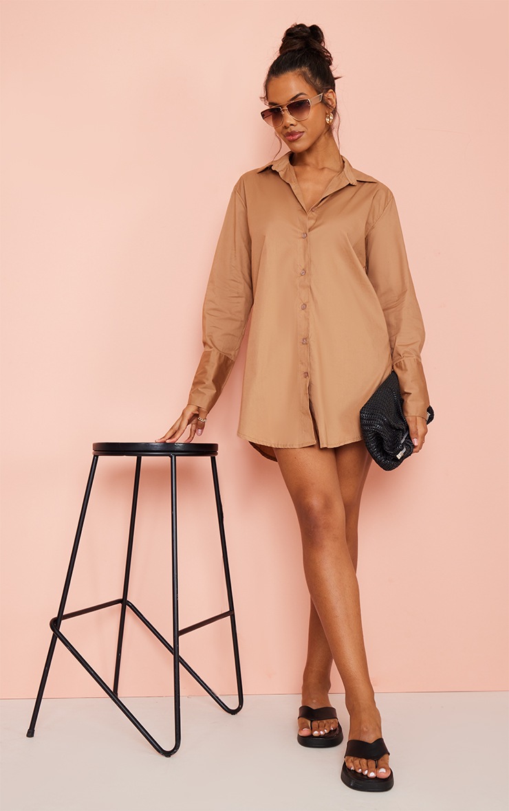 Taupe Oversized Cuff Boyfriend Shirt Dress image 1