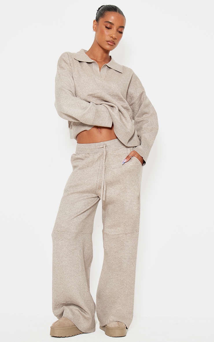 Taupe Knitted Polo Neck Sweater And Wide Leg Pants Set image 3