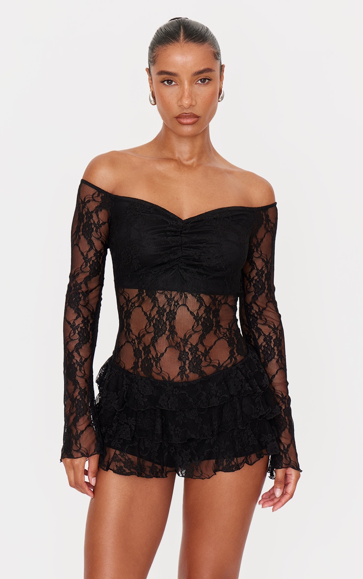 Black Lace Bardot Rara Skort Playsuit image 3