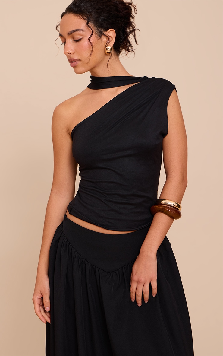 Black Double Layer Soft Touch Scarf Detail Long Top image 1