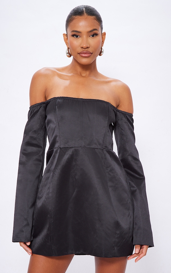 Black Satin Corset Bardot Bodycon Dress