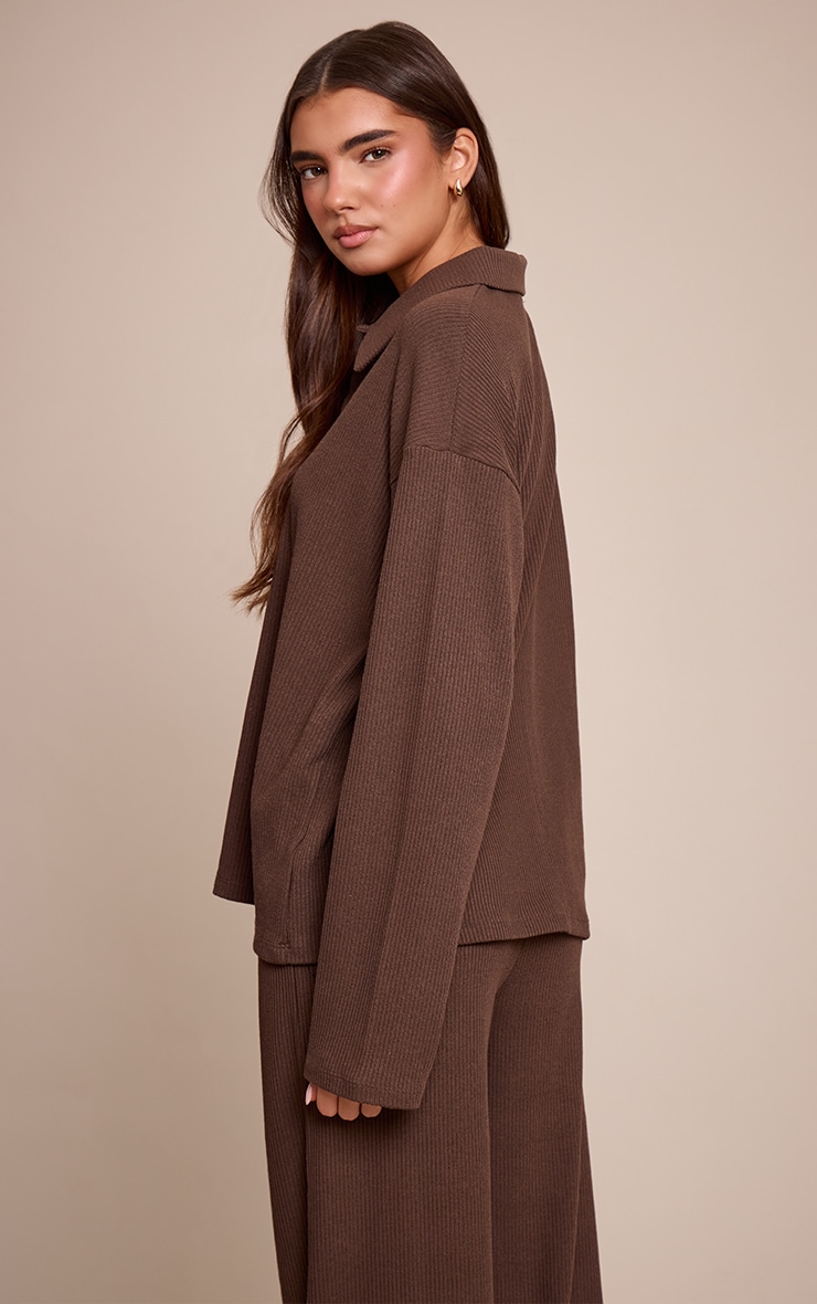 Dark Brown Heavy Rib Long Sleeve Collared Shirt image 2