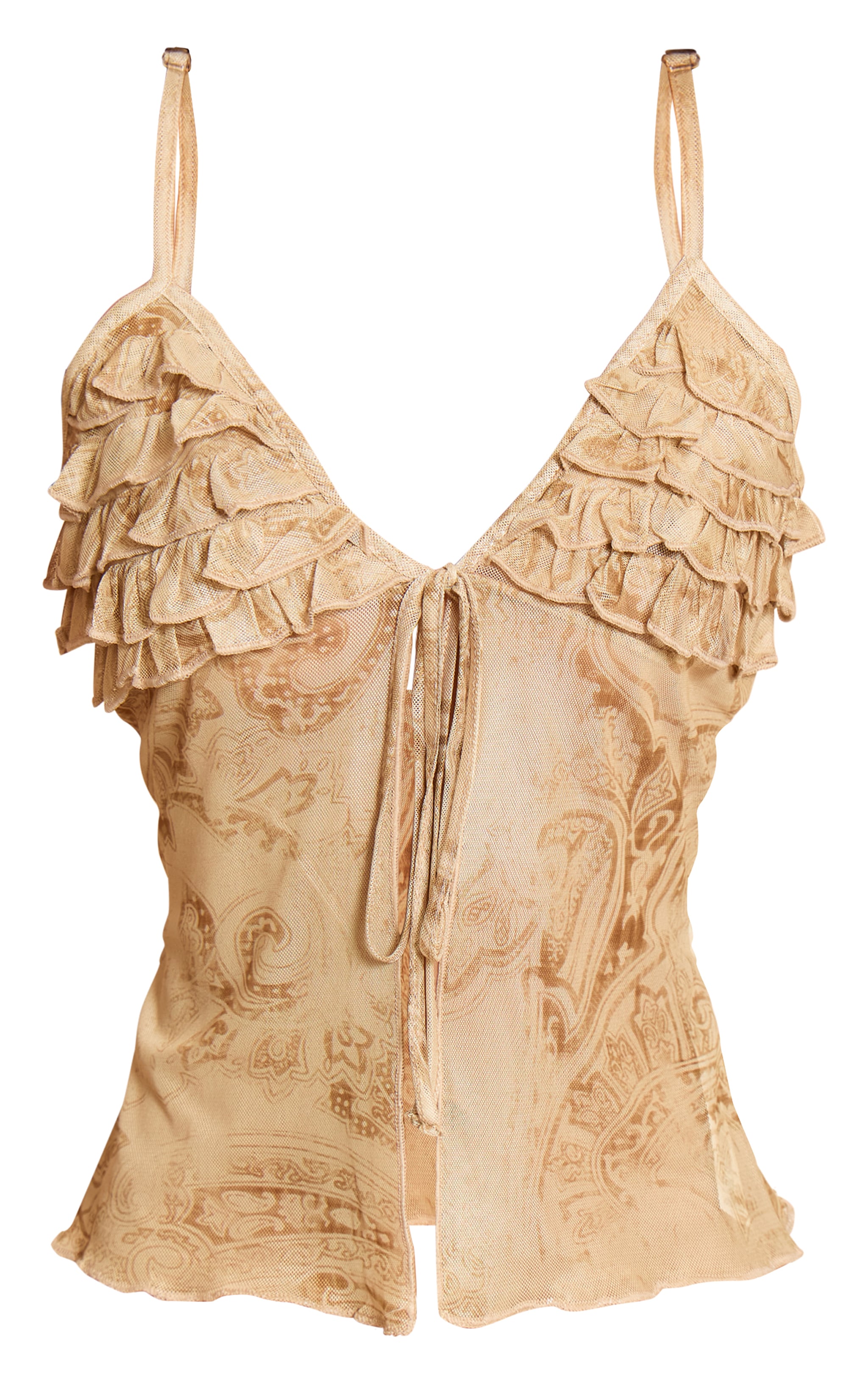 Stone Paisley Printed Mesh Ruffle Bust Tie Front Top image 5