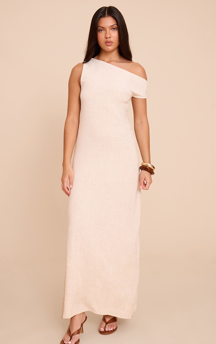 Natural Textured Woven Asymmetric One Shoulder Maxi Dress image 1