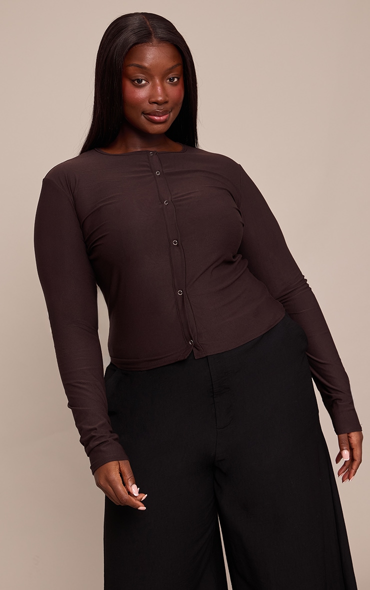 Plus Chocolate Soft Touch Popper Fitted Long Sleeve Long Top