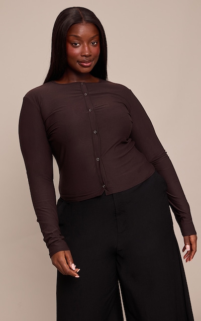 Plus Chocolate Soft Touch Popper Fitted Long Sleeve Long Top